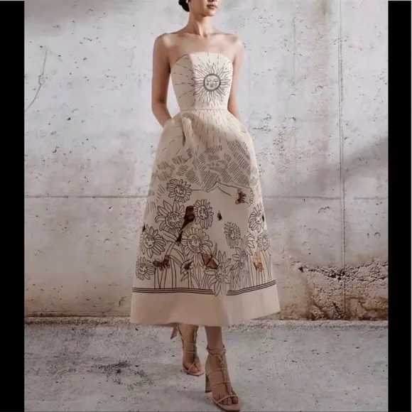 Solairè Runway Sexy Strapless  Midi Dress, Boho Resortwear Luxury Gown - Picture 8 of 14